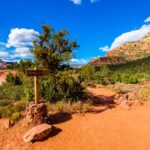 Sedona trailhead sign marking a Red Rock Pass parking area with red rock views