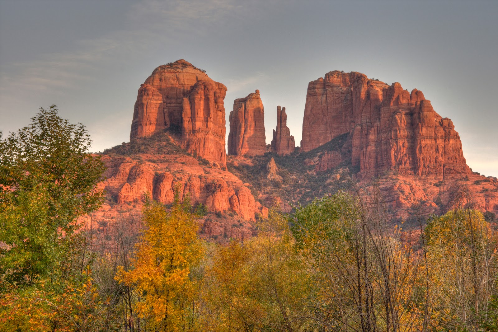 Cathedral Rock framed by golden fall color along Oak Creek near the Village of Oak Creek, Sedona